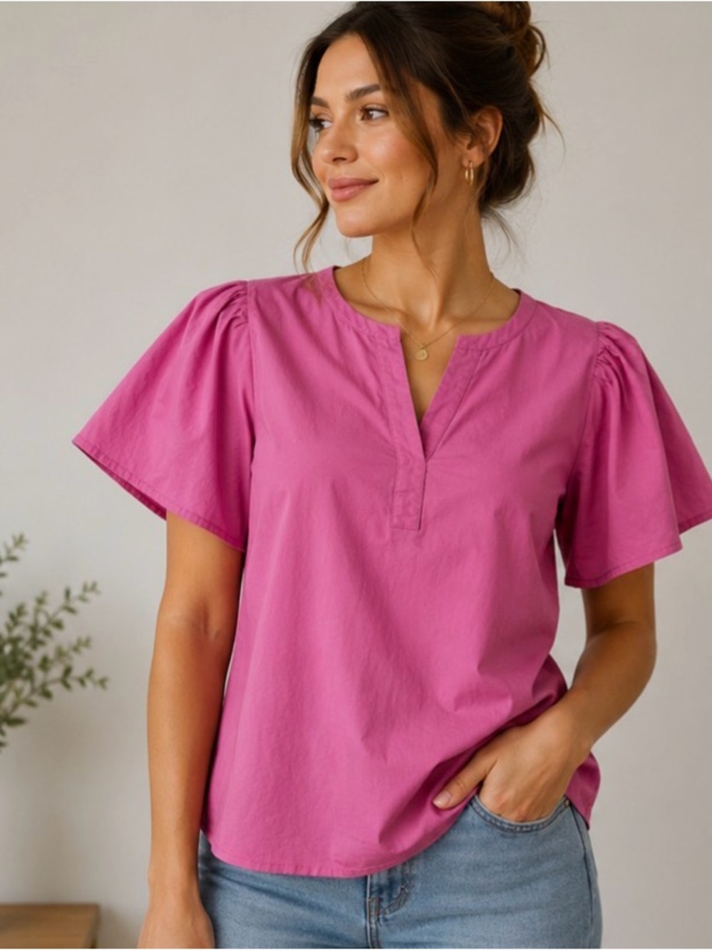 crown & ivy Hot Pink Flutter Sleeve Split V-Neck Blouse